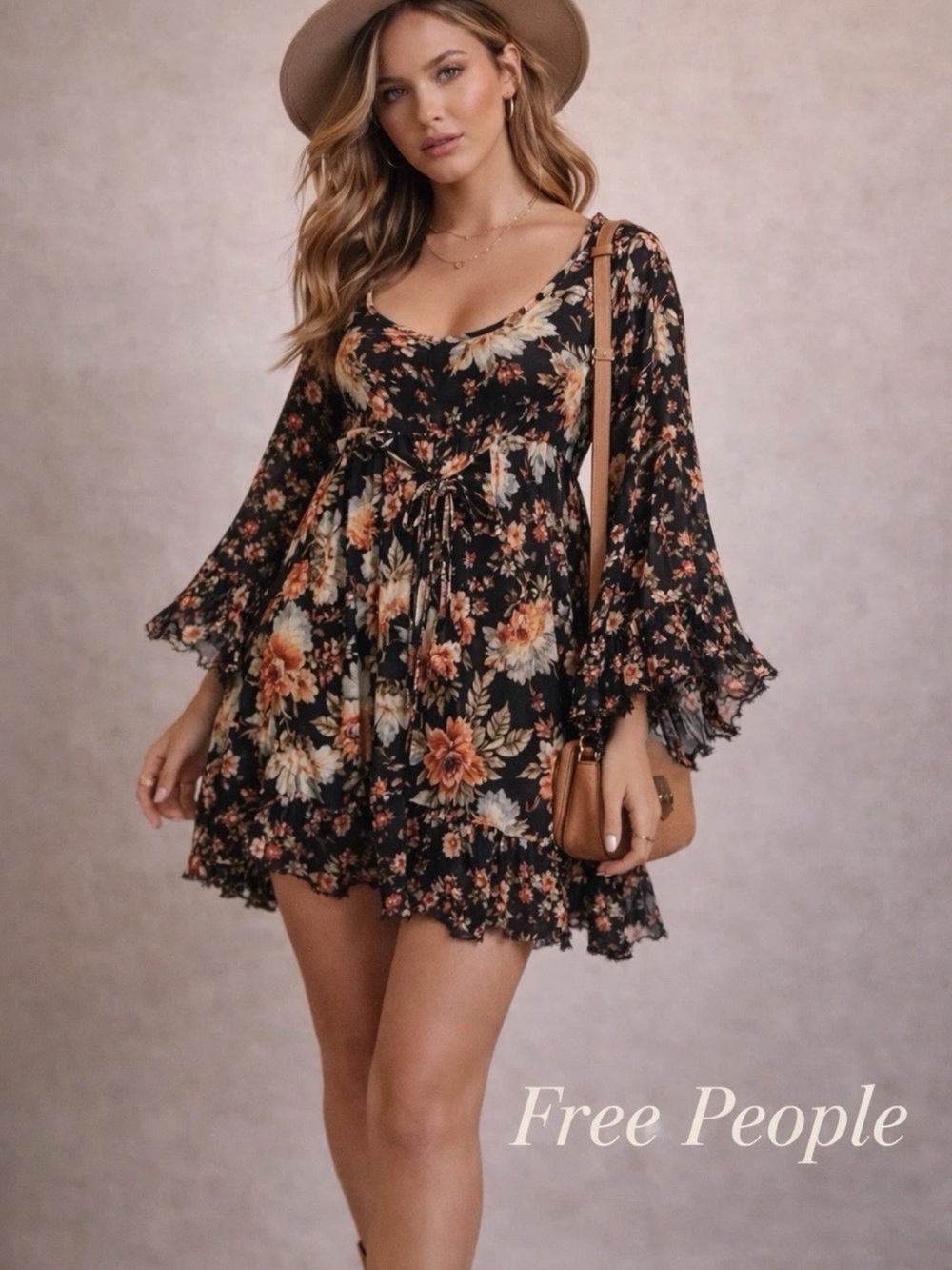 Free People Floral Bell Sleeve Mini Dress Size S Moonlight Garden Boho Fairycore - Picture 2 of 13